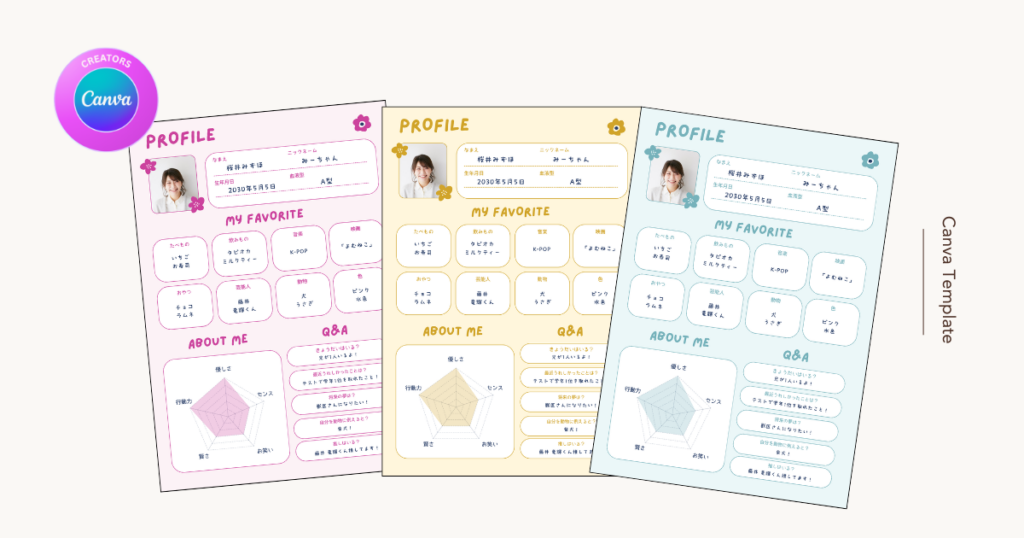 3色カラフルかわいいプロフィール帳